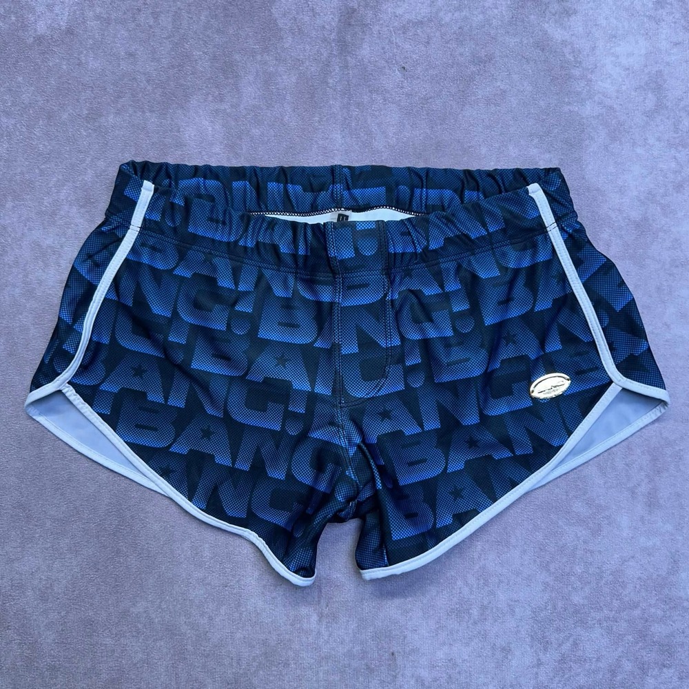 Bang! Miami Mens Blue Black AOP Logo Print Swim Trunks Dolphin Shorts Small